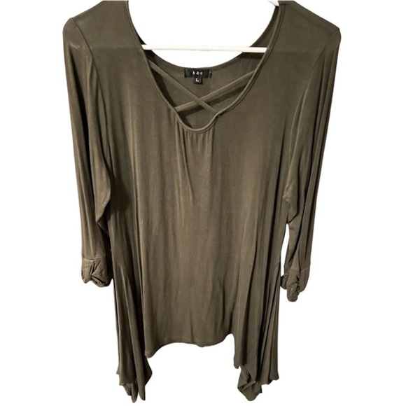 K & C Green Lagenlook Tunic Cross-Neck Detail Quarter-Sleeve Blouse Top - Picture 1 of 9